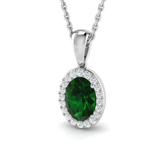 0.79ct SI2/G Oval cut Emerald Gemstone Pendant in 18k White Gold