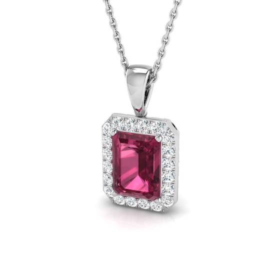 2.18ct SI2/G Emerald cut Pink Tourmaline Gemstone Pendant in 18k White Gold