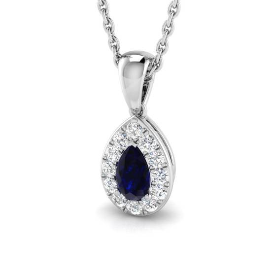 0.42ct SI2/G Pear cut Blue Sapphire Gemstone Pendant in 18k White Gold