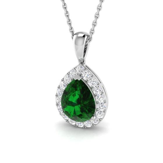 1.45ct SI2/G Pear cut Emerald Gemstone Pendant in 18k White Gold