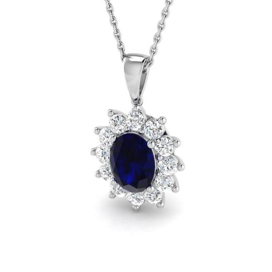 2.57ct SI2/G Oval cut Blue Sapphire Gemstone Pendant in 18k White Gold