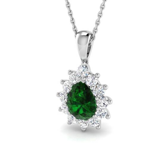 1.51ct SI2/G Pear cut Green Emerald Gemstone Pendant in 18k White Gold