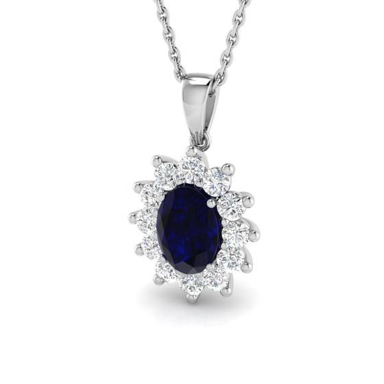 1.24ct SI2/G Oval cut Blue Sapphire Gemstone Pendant in 18k White Gold