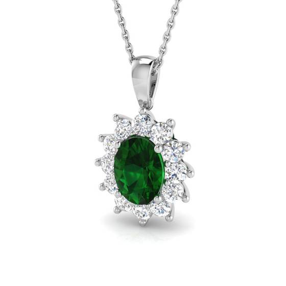 1.68ct SI2/G Oval cut Green Emerald Gemstone Pendant in 18k White Gold