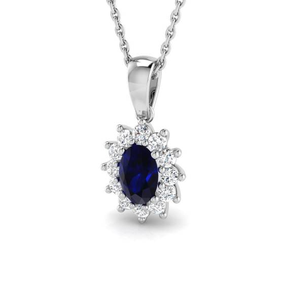 0.93ct SI2/G Oval cut Blue Sapphire Gemstone Pendant in 18k White Gold