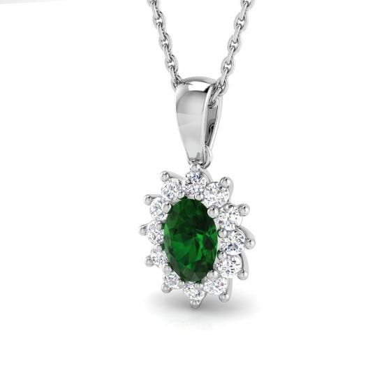 0.63ct SI2/G Oval cut Green Emerald Gemstone Pendant in 18k White Gold