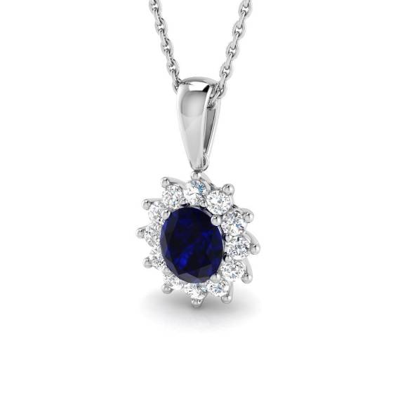 1.07ct SI2/G Oval cut Blue Sapphire Gemstone Pendant in 18k White Gold