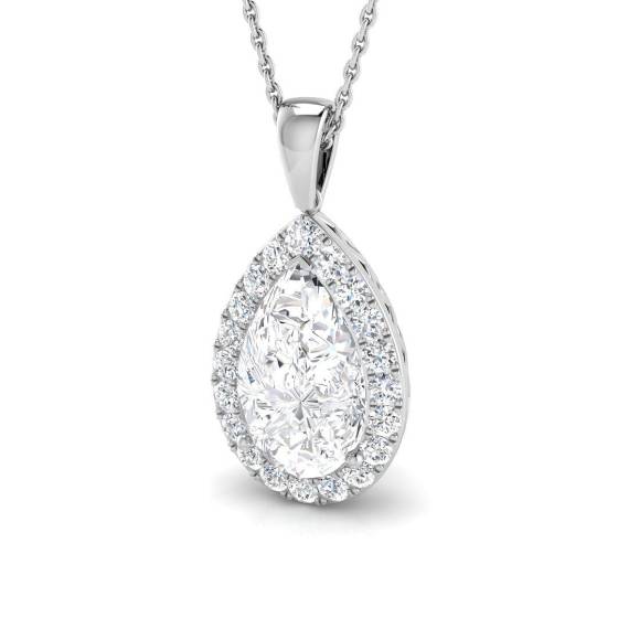 4.18ct SI1/K Pear cut Diamond Halo Pendant in 18k White Gold