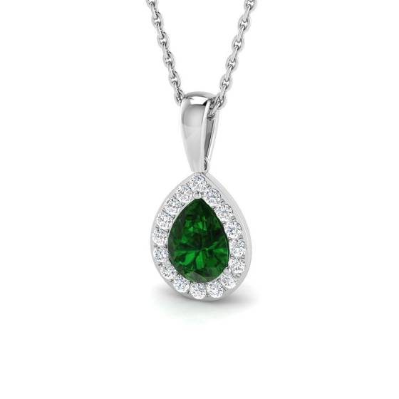 0.85ct SI2/G Pear cut Emerald Gemstone Pendant in 18k White Gold