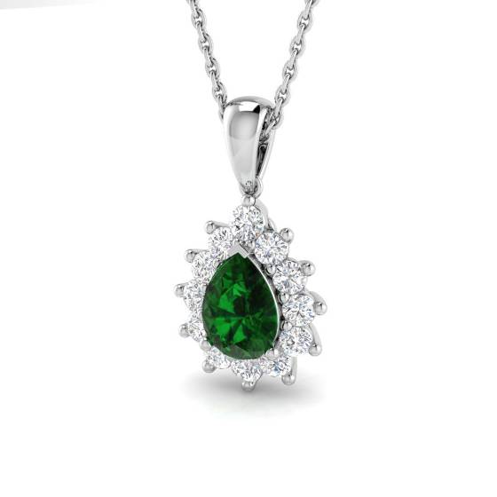 0.92ct SI2/G Pear cut Green Emerald Gemstone Pendant in 18k White Gold