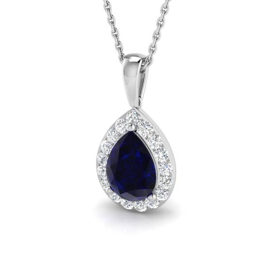 2.40ct SI2/G Pear cut Blue Sapphire Gemstone Pendant in 18k White Gold