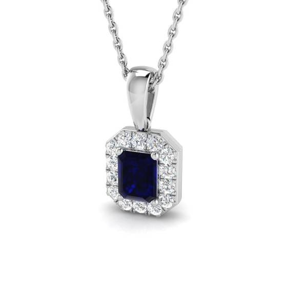 0.55ct SI2/G Emerald cut Blue Sapphire Gemstone Pendant in 18k White Gold