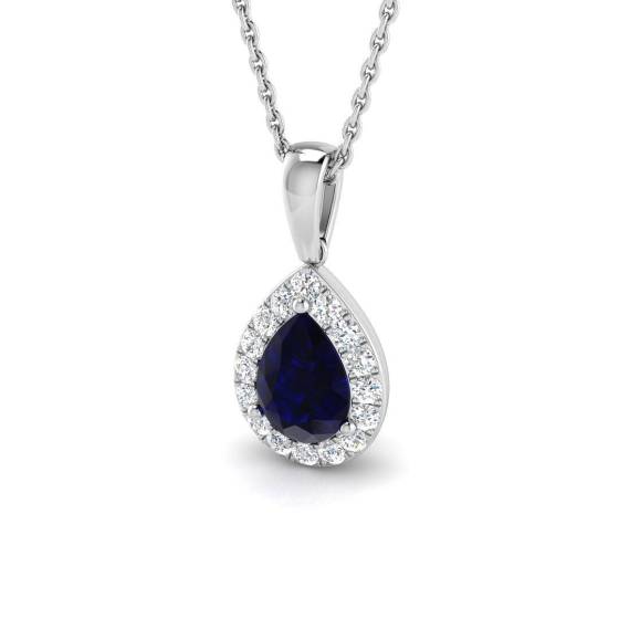 1.11ct SI2/G Pear cut Blue Sapphire Gemstone Pendant in 18k White Gold