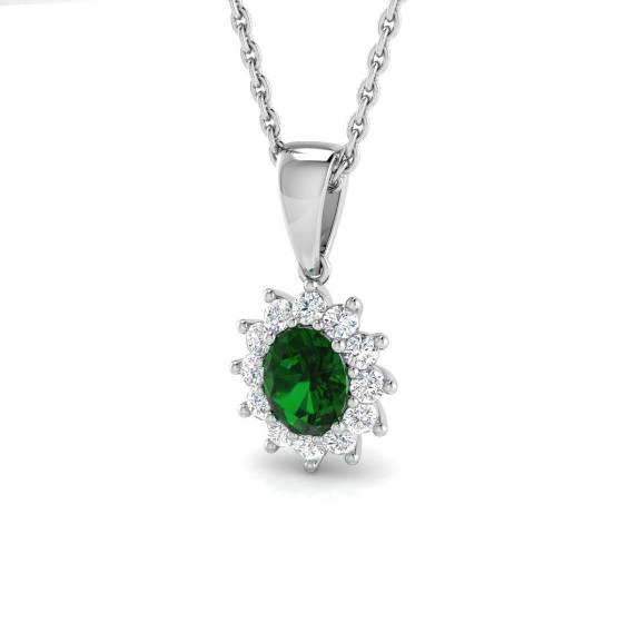 0.49ct SI2/G Oval cut Green Emerald Gemstone Pendant in 18k White Gold