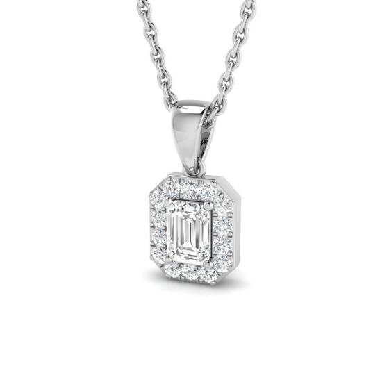 0.34ct SI2/G Emerald cut Diamond Halo Pendant in 18k White Gold