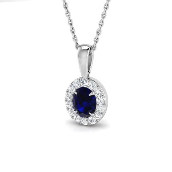 0.90ct SI2/G Oval cut Blue Sapphire Gemstone Pendant in 18k White Gold