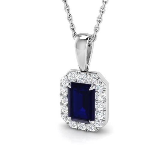 0.65ct SI2/G Emerald cut Blue Sapphire Gemstone Pendant in 18k White Gold