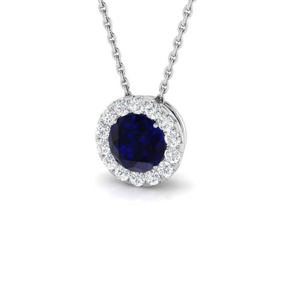 0.90ct SI2/G Round cut Blue Sapphire Gemstone Pendant in 18k White Gold