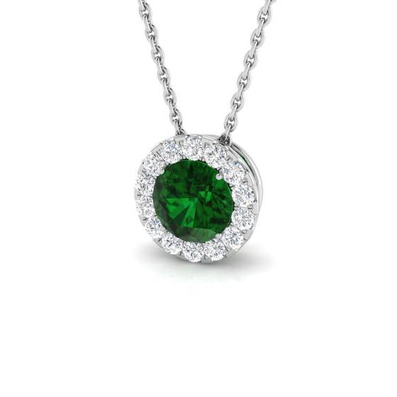 0.96ct SI2/G Round cut Emerald Gemstone Pendant in 18k White Gold