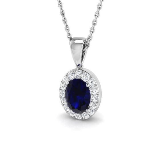 1.23ct SI2/G Oval cut Blue Sapphire Gemstone Pendant in 18k White Gold