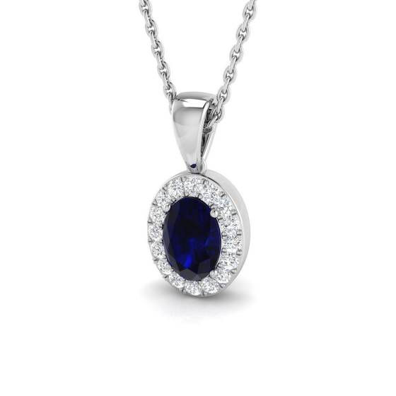 0.90ct SI2/G Oval cut Blue Sapphire Gemstone Pendant in 18k White Gold