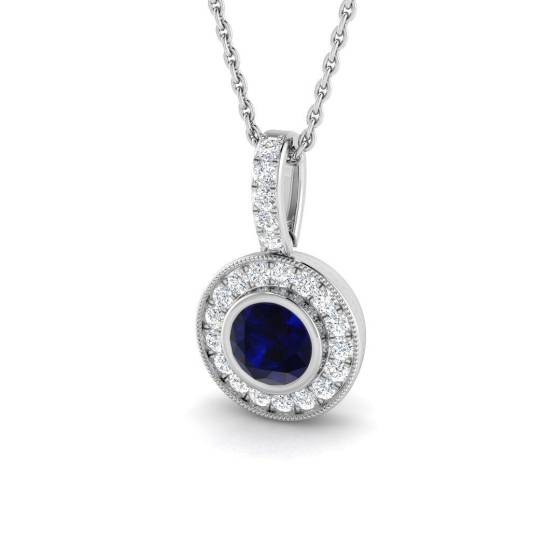 0.89ct SI2/G Round cut Blue Sapphire Gemstone Pendant in 18k White Gold