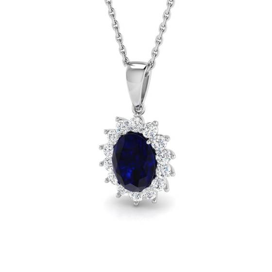 1.31ct SI2/G Oval cut Blue Sapphire Gemstone Pendant in 18k White Gold