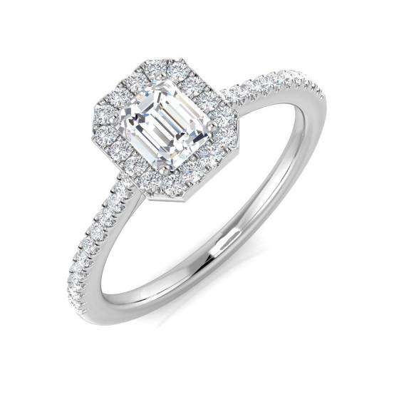 0.56ct SI1/G Emerald cut Diamond Halo Ring in Platinum