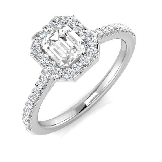 0.70ct SI1/G Emerald cut Diamond Halo Ring in Platinum