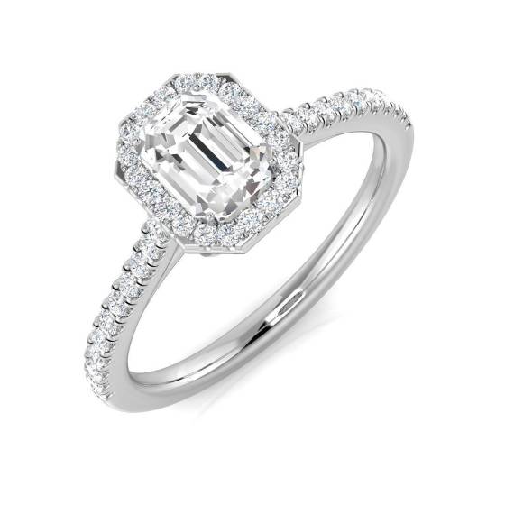 0.91ct SI1/G Emerald cut Diamond Halo Ring in Platinum