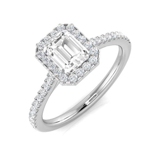 0.88ct SI1/G Emerald cut Diamond Halo Ring in Platinum