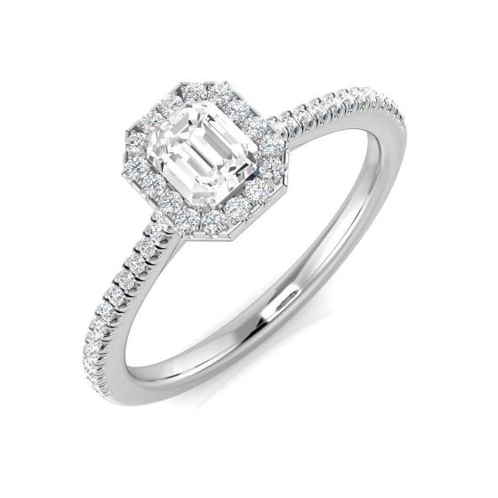 0.56ct SI1/G Emerald cut Diamond Halo Ring in Platinum