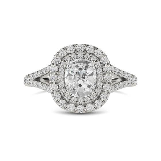 0.66ct VS2/E Cushion Diamond Double Halo Shoulder Set Ring