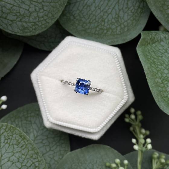 1.85ct VS/E-F Blue Sapphire Cushion Diamond Shoulder Set Ring