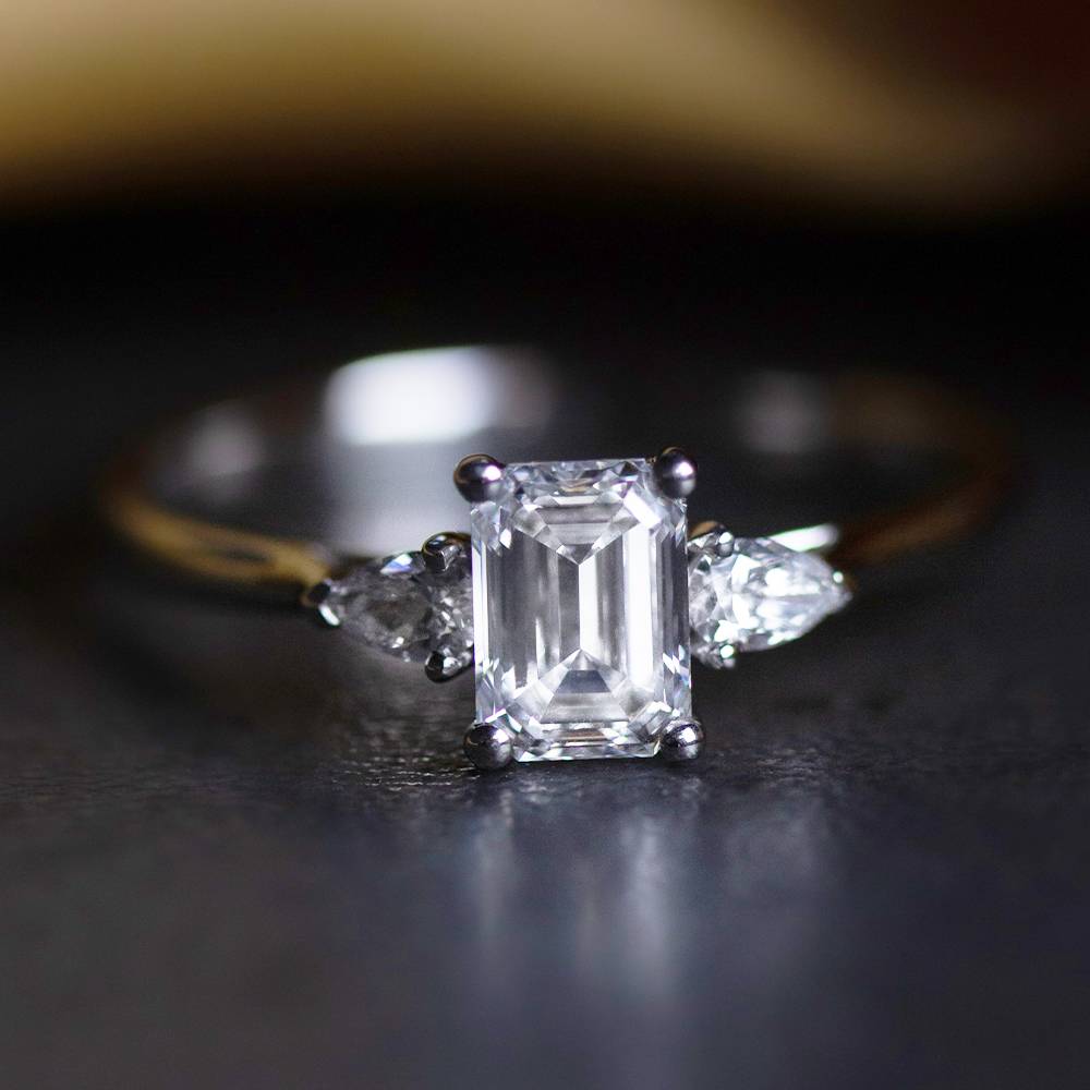 Elegant Emerald & Pear Diamond Trilogy Ring P