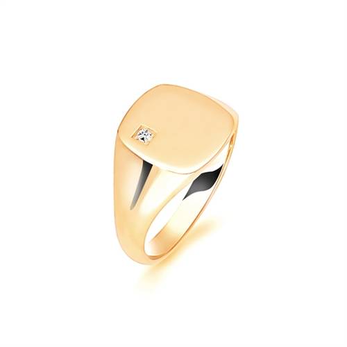 Round Diamond Gents Cushion Signet Ring Yellow Gold