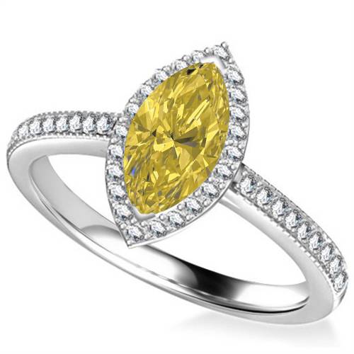 Fancy Yellow Marquise Diamond Single Halo Shoulder Set Ring P