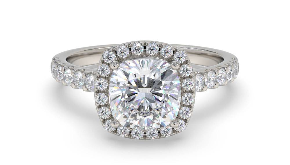 Cushion Diamond Single Halo Shoulder Set Ring set in Platinum