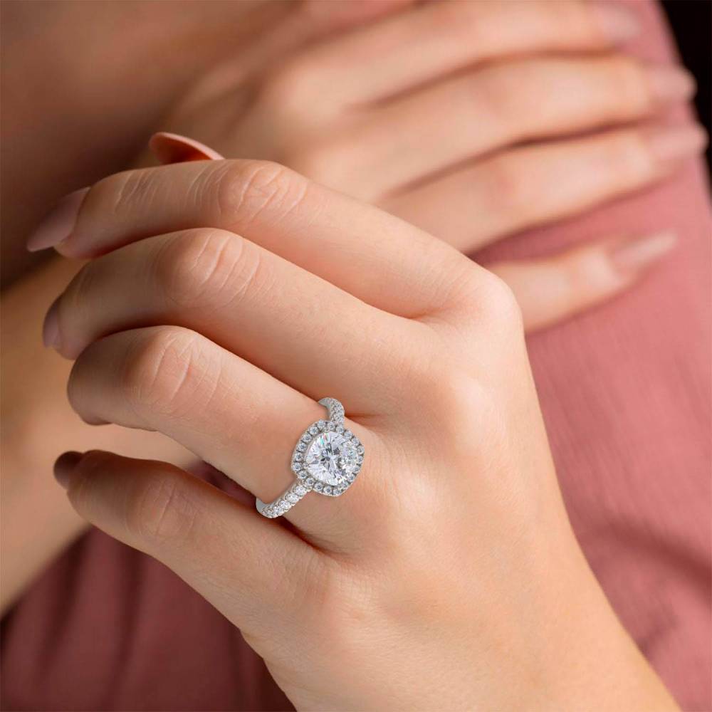 Cushion Diamond Single Halo Shoulder Set Ring set in Platinum