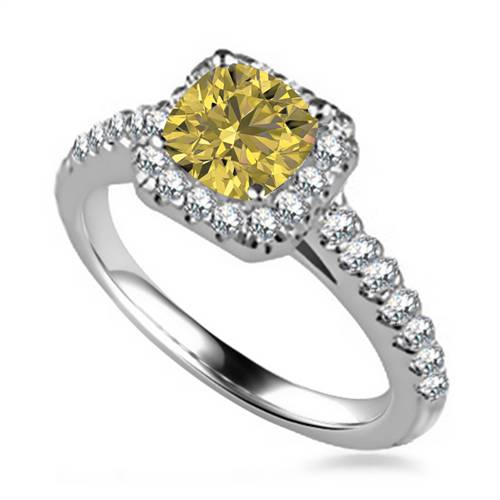 Fancy Yellow Cushion Diamond Single Halo Shoulder Set Ring P