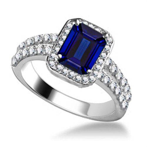 Emerald Blue Sapphire & Diamond Single Halo Shoulder Set Ring Image
