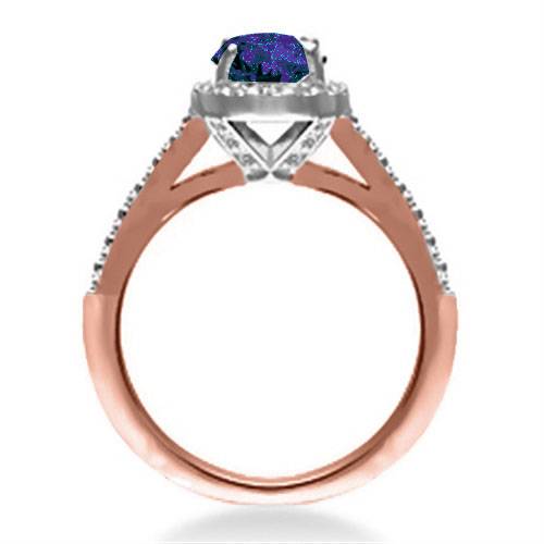 Emerald Blue Sapphire & Diamond Single Halo Shoulder Set Ring Image