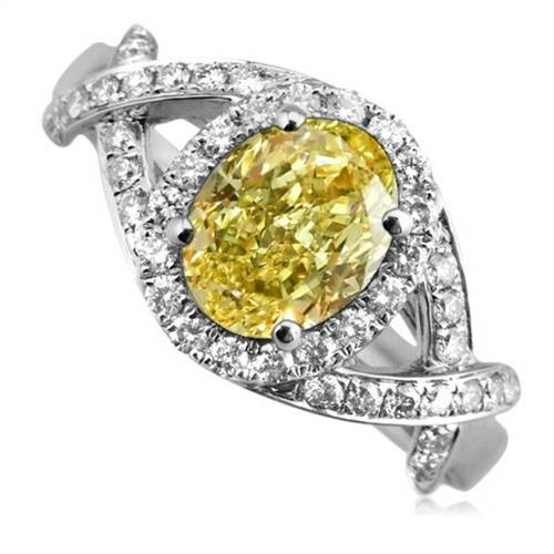 Fancy Yellow Oval Diamond Single Halo Shoulder Set Ring P