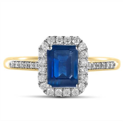 Emerald Blue Sapphire & Diamond Halo Ring Image