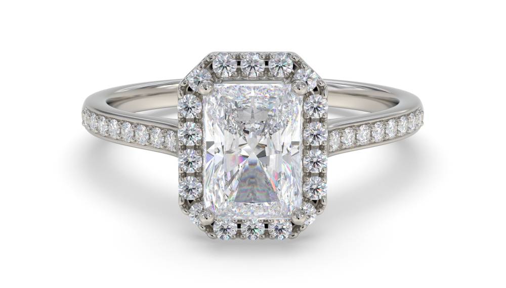 Radiant Diamond Single Halo Shoulder Set Ring set in Platinum