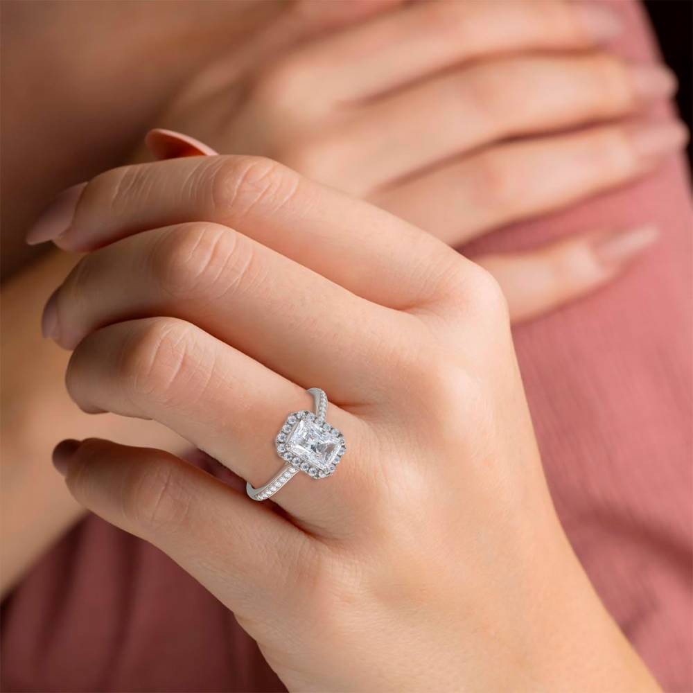 Radiant Diamond Single Halo Shoulder Set Ring set in Platinum