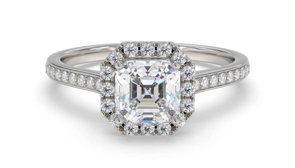 Asscher Diamond Single Halo Shoulder Set Ring set in Platinum