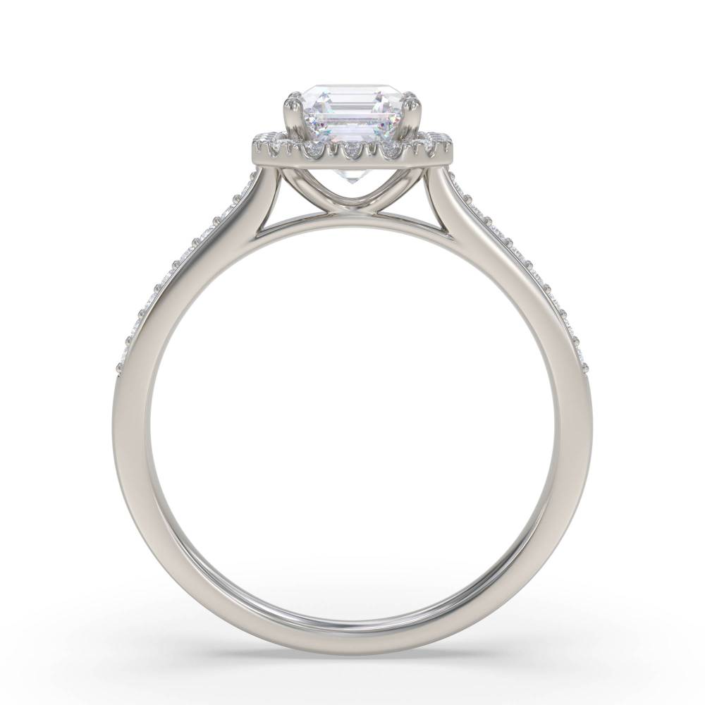 Asscher Diamond Single Halo Shoulder Set Ring set in Platinum