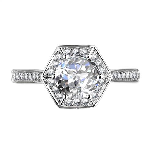 Hexagon Round Diamond Single Halo Shoulder Set Ring P