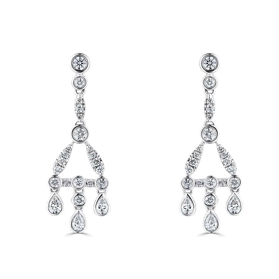 Pear and Round Large Droplet Drop Earrings set in White Gold